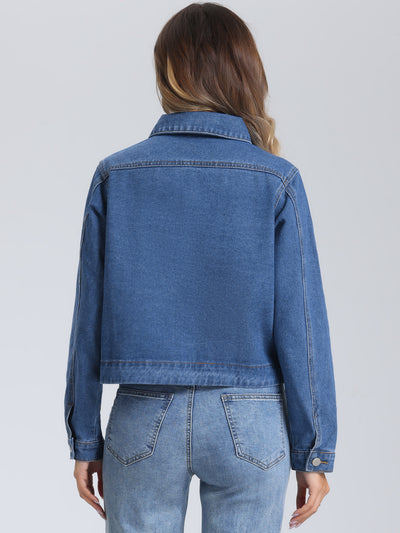 Collar Long Sleeve Button Down Cropped Denim Jean Jacket