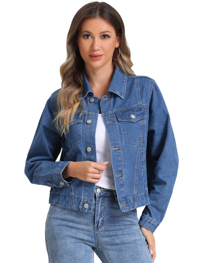 Collar Long Sleeve Button Down Cropped Denim Jean Jacket