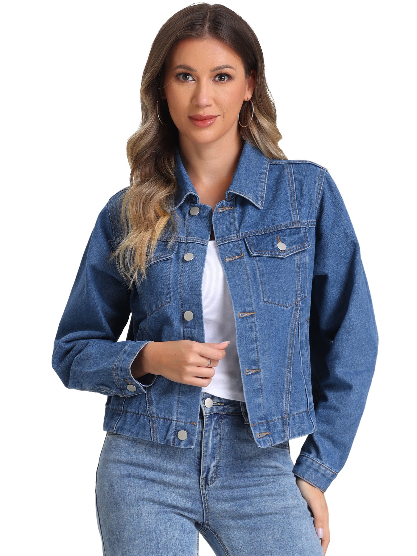 Allegra K Collar Long Sleeve Button Down Cropped Denim Jean Jacket