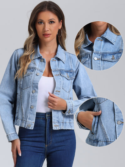 Collar Long Sleeve Button Down Cropped Denim Jean Jacket