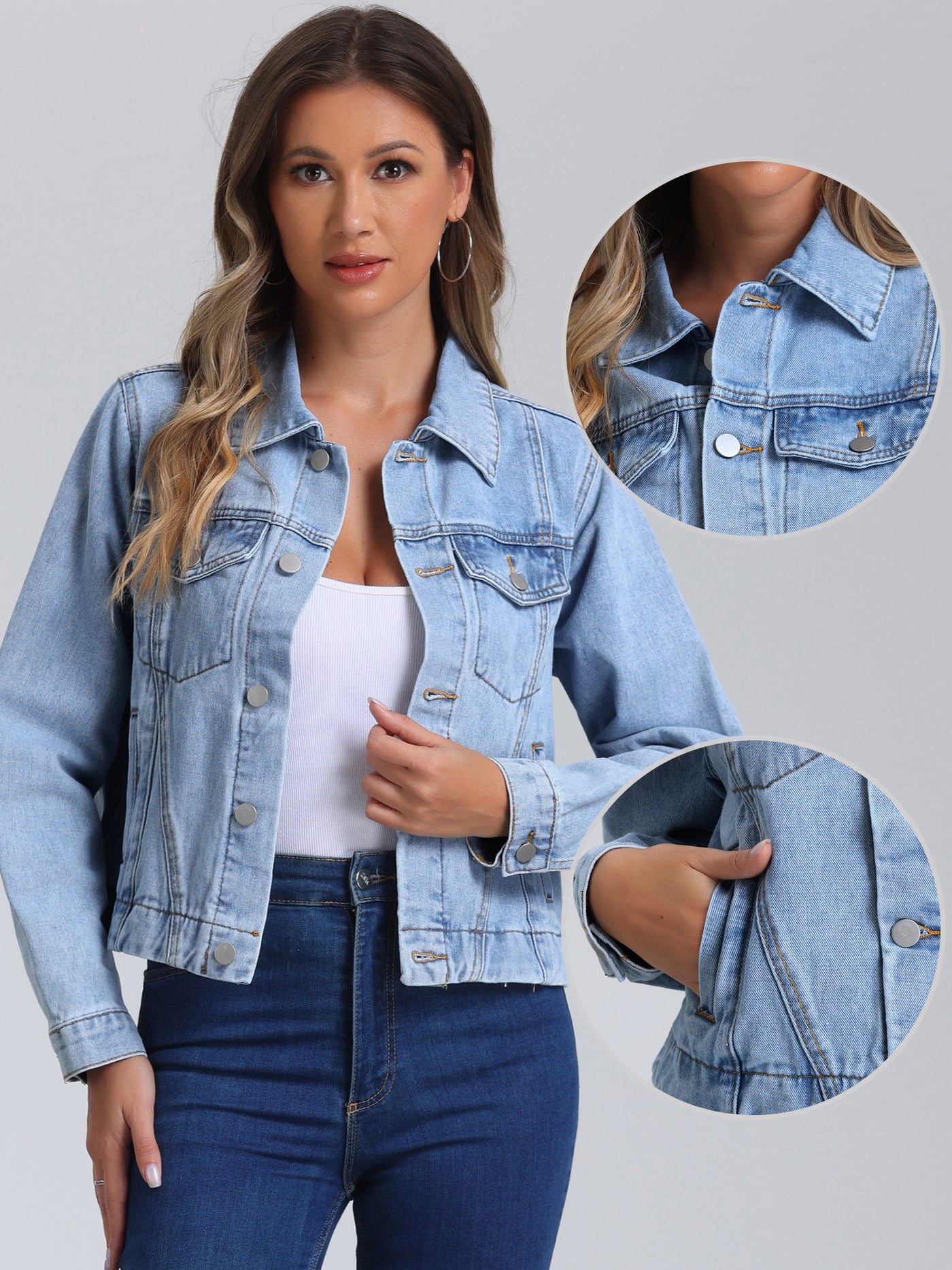 Allegra K Collar Long Sleeve Button Down Cropped Denim Jean Jacket