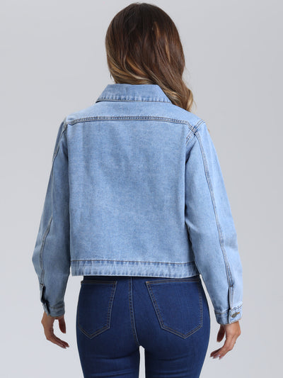 Collar Long Sleeve Button Down Cropped Denim Jean Jacket