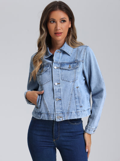 Collar Long Sleeve Button Down Cropped Denim Jean Jacket