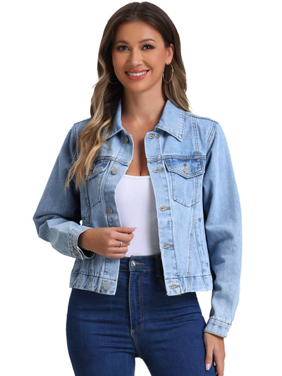 Collar Long Sleeve Button Down Cropped Denim Jean Jacket