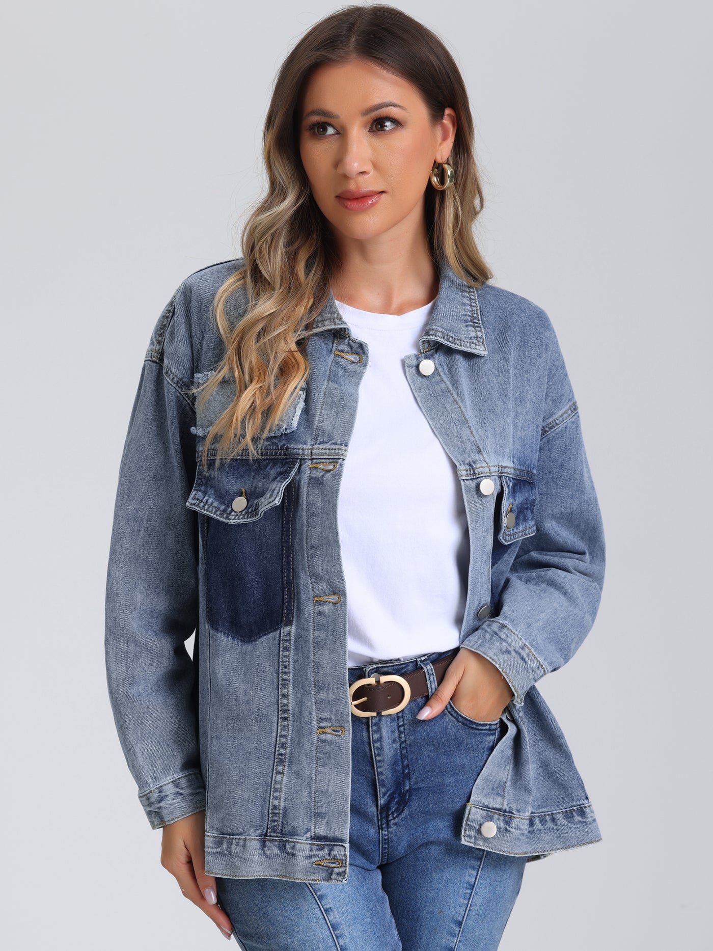 Allegra K Button Up Long Sleeve Bead Decor Trendy Denim Trucker Jean Jacket