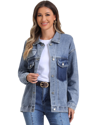 Button Up Long Sleeve Bead Decor Trendy Denim Trucker Jean Jacket