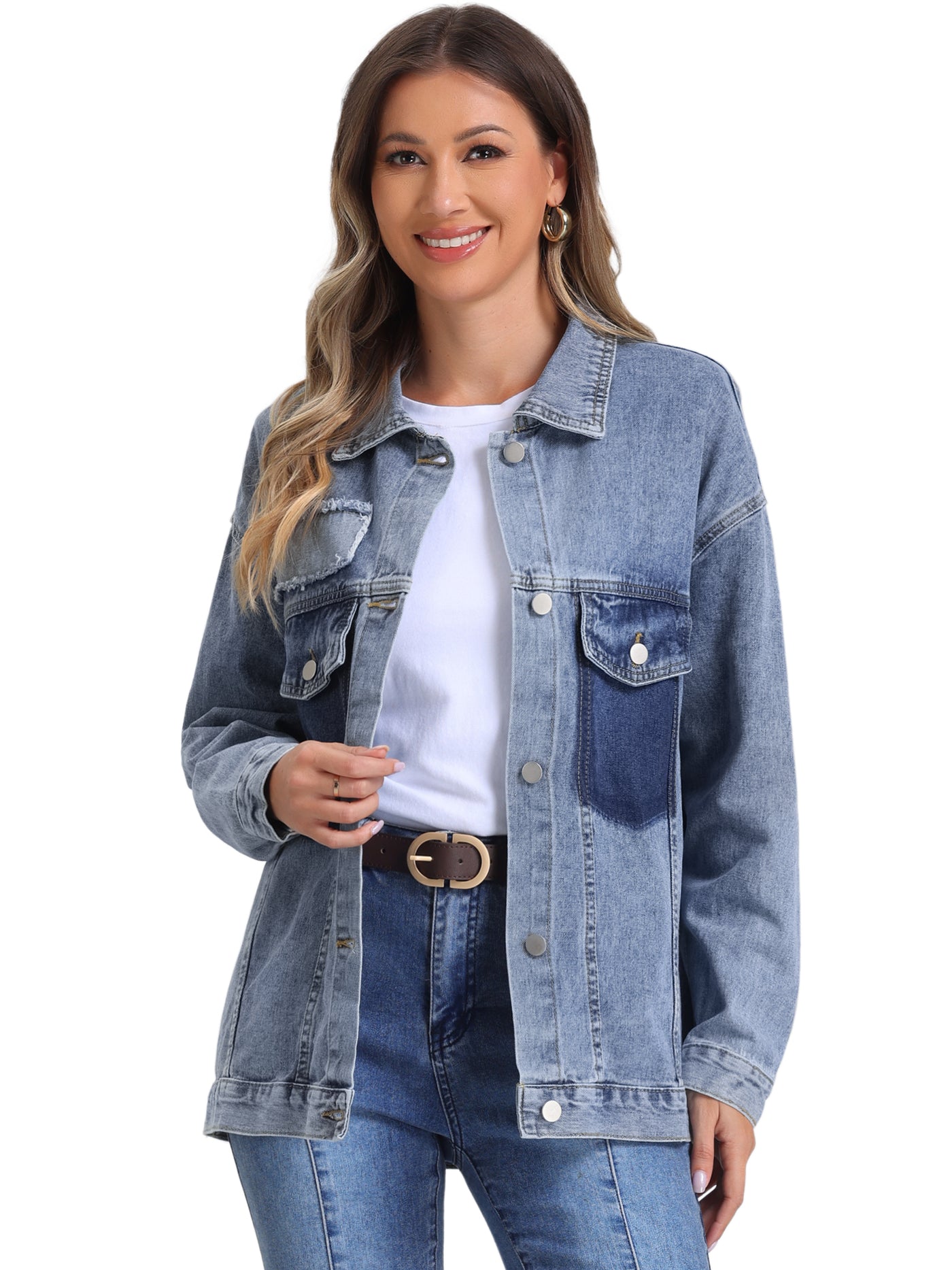 Allegra K Button Up Long Sleeve Bead Decor Trendy Denim Trucker Jean Jacket