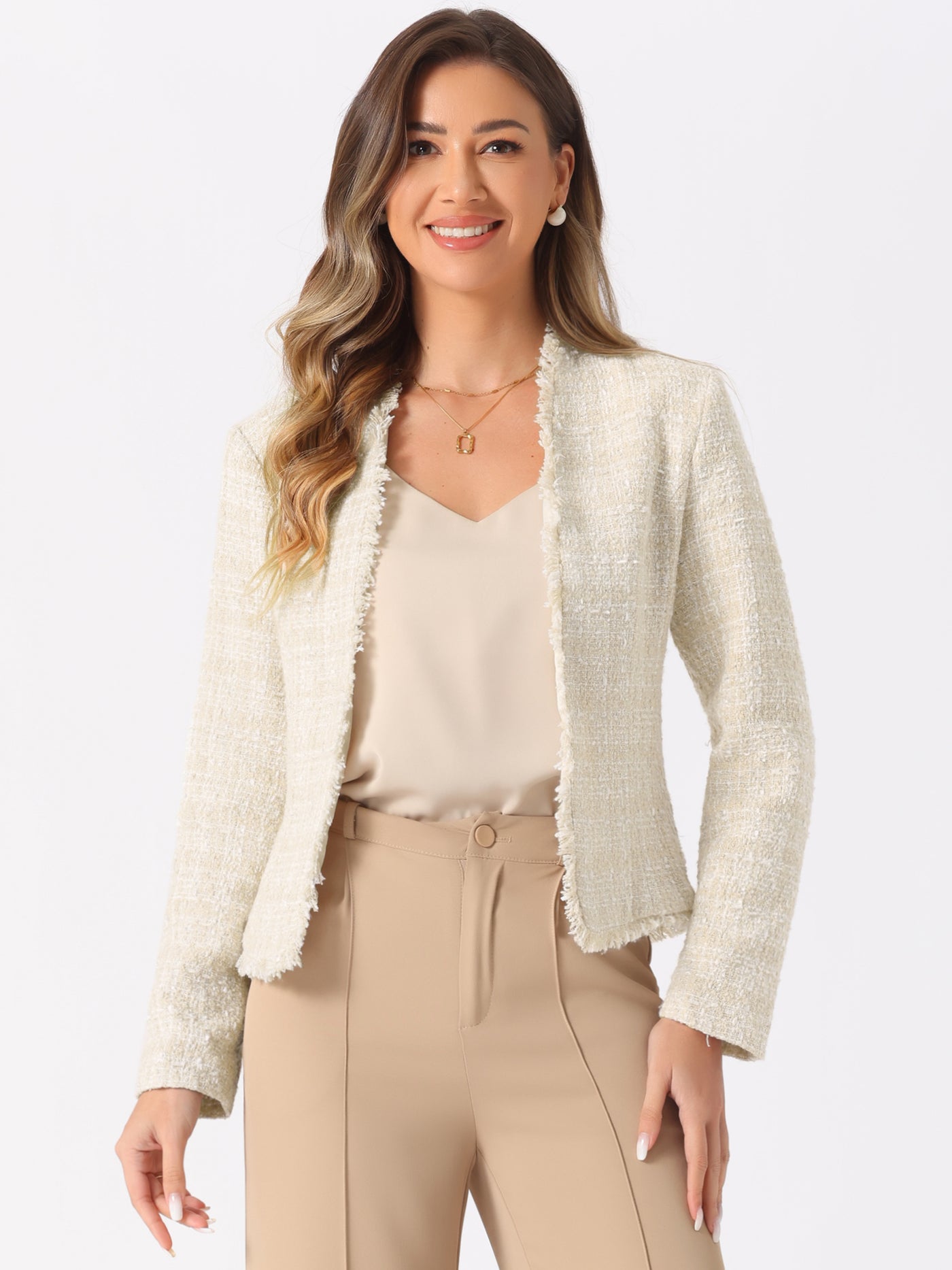 Allegra K Plaid Tweed Long Sleeve Open Front Work Office Jacket