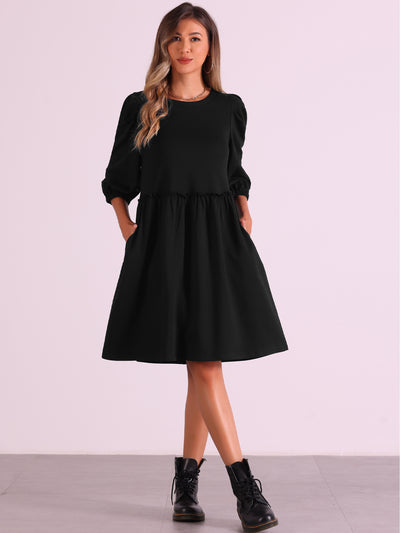 Scoop Neck Pocket Puff Sleeves Ruched Casual Midi Dress