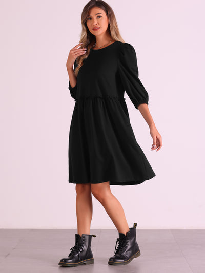 Scoop Neck Pocket Puff Sleeves Ruched Casual Midi Dress