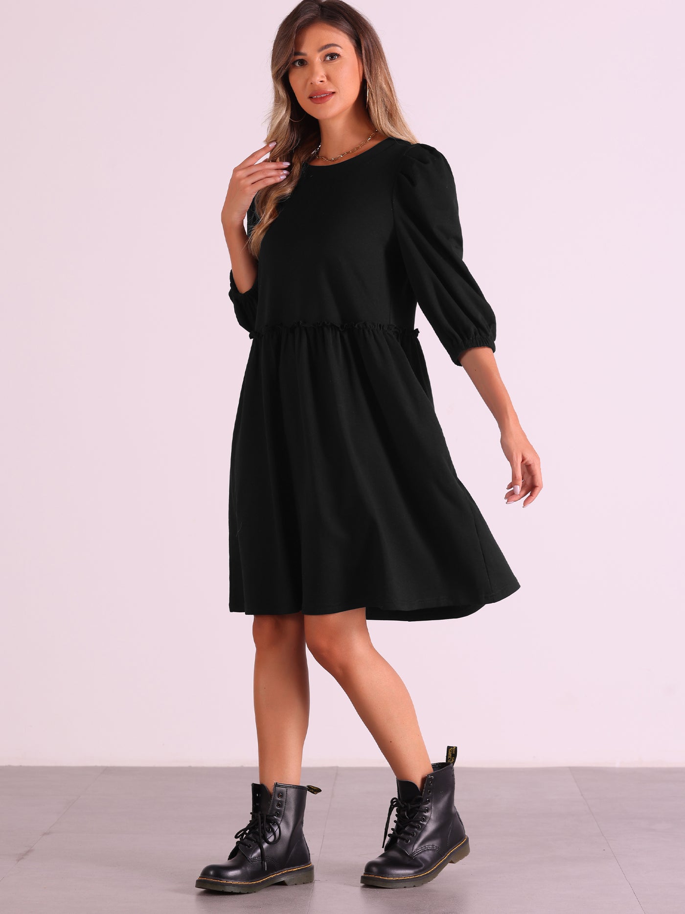 Allegra K Scoop Neck Pocket Puff Sleeves Ruched Casual Midi Dress