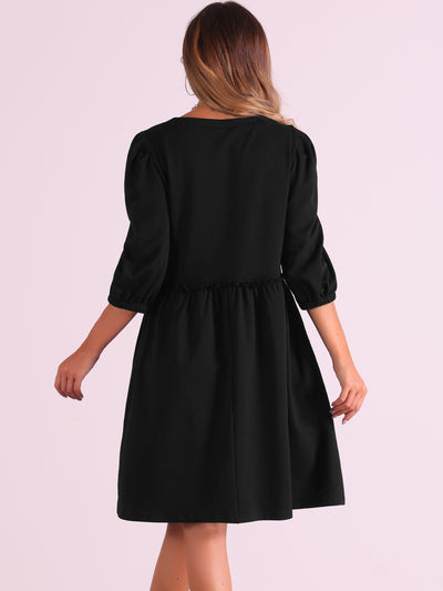 Scoop Neck Pocket Puff Sleeves Ruched Casual Midi Dress