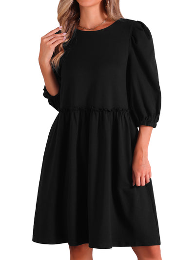 Scoop Neck Pocket Puff Sleeves Ruched Casual Midi Dress