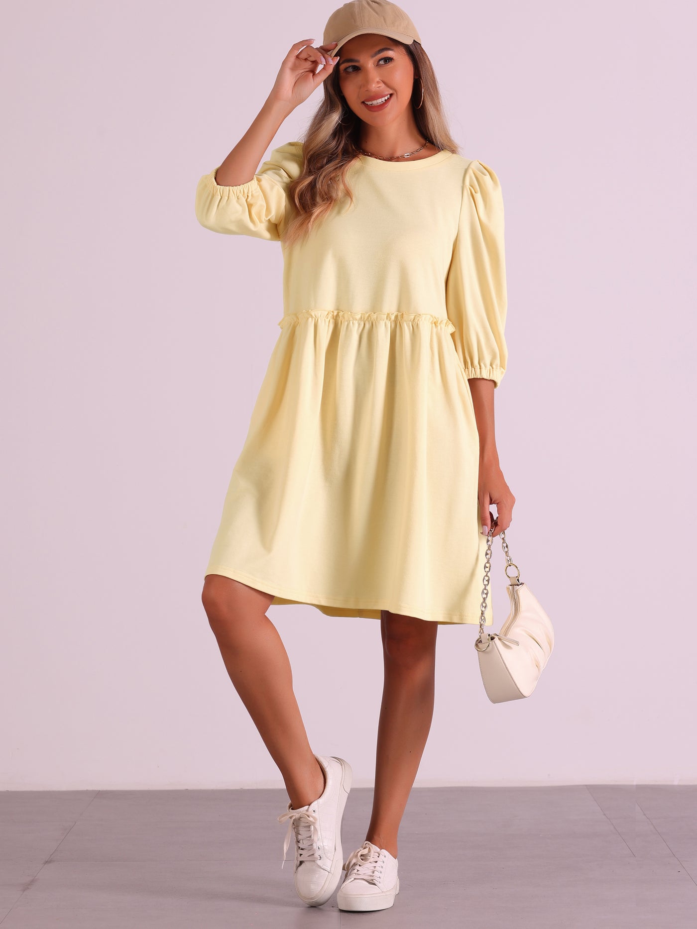 Allegra K Scoop Neck Pocket Puff Sleeves Ruched Casual Midi Dress