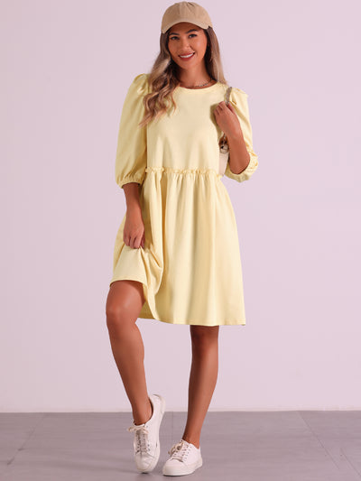 Scoop Neck Pocket Puff Sleeves Ruched Casual Midi Dress