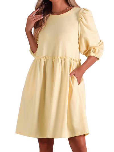 Scoop Neck Pocket Puff Sleeves Ruched Casual Midi Dress