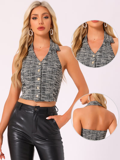 Tweed Halter Neck Backless Sleeveless Cropped Tops