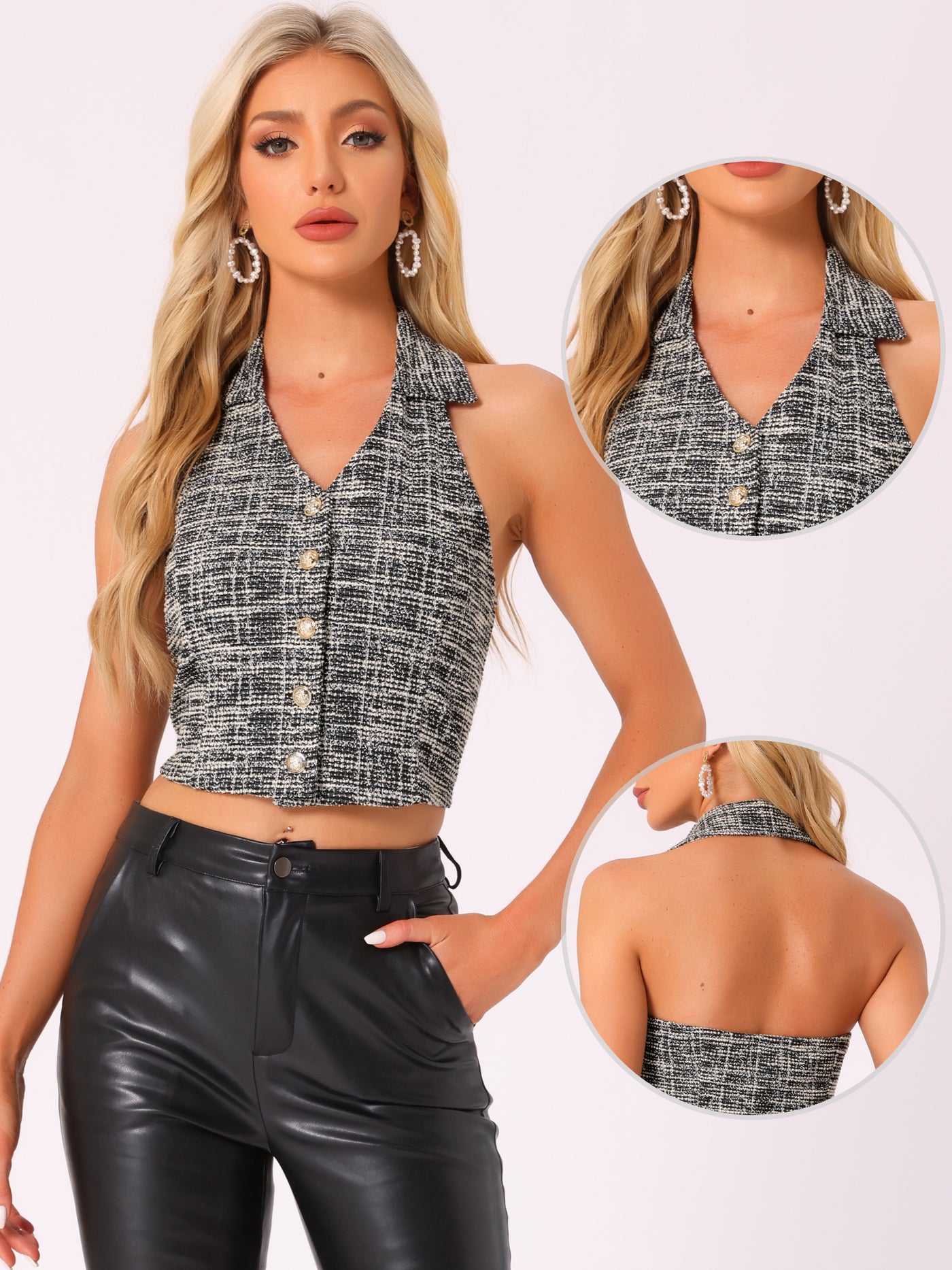 Allegra K Tweed Halter Neck Backless Sleeveless Cropped Tops