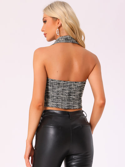 Tweed Halter Neck Backless Sleeveless Cropped Tops