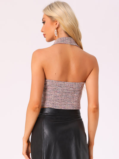 Tweed Halter Neck Backless Sleeveless Cropped Tops