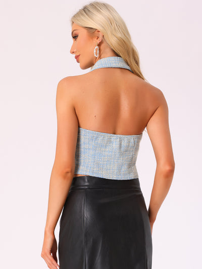 Tweed Halter Neck Backless Sleeveless Cropped Tops