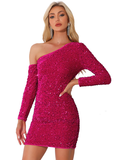 Sequin Velvet One Shoulder Party Mini Bodycon Dress