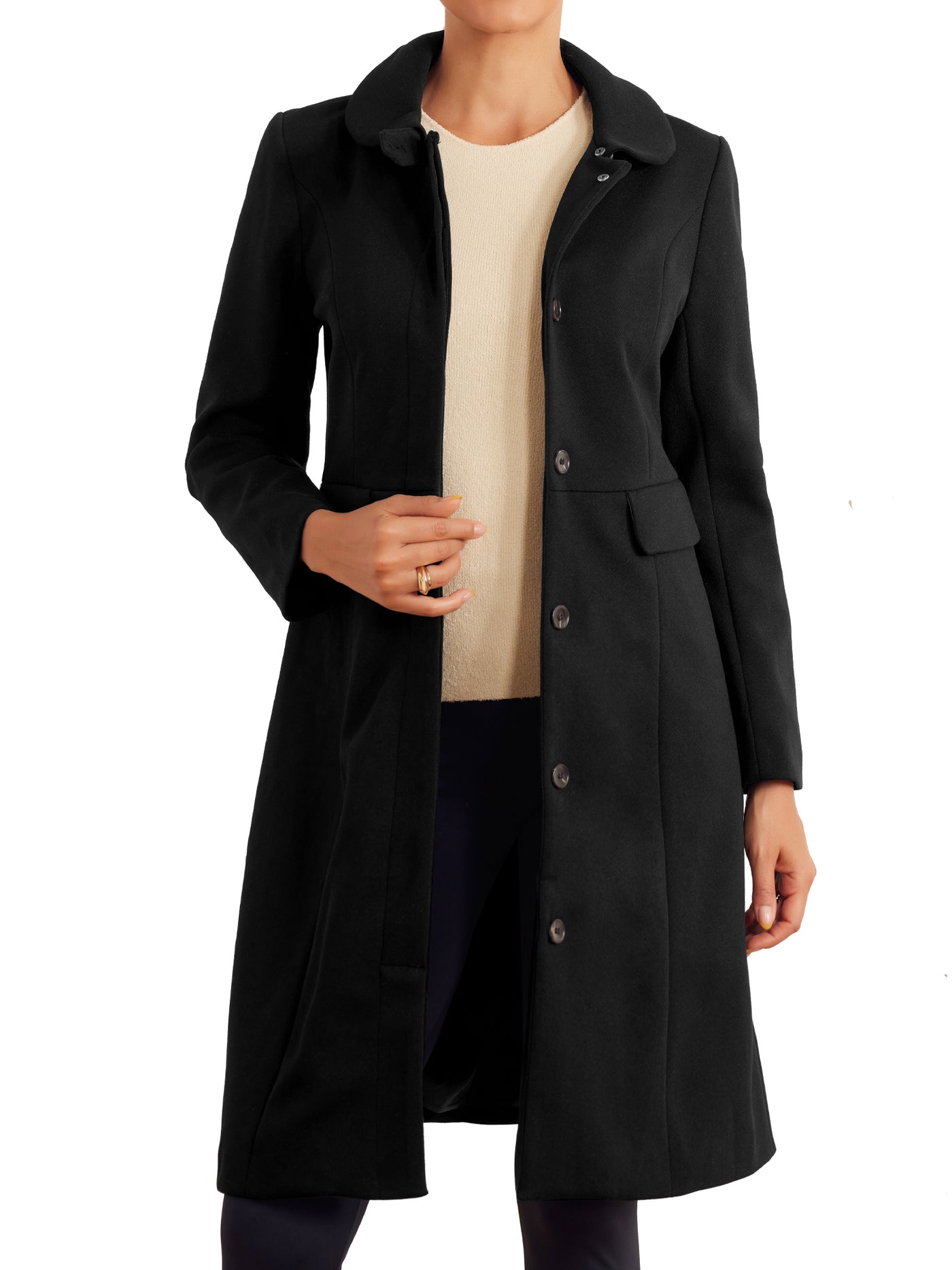 Allegra K Peter Pan Collar Button Down Long Sleeve Pockets Long Winter Coat