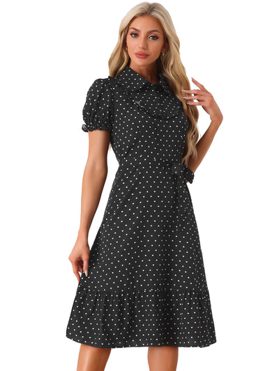 Heart Print Lapel Collar Puff Short Sleeves Vintage Ruffled Dress