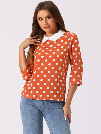 Polka Dots Contrast Peter Pan Collar Top 3/4 Sleeve Blouse Shirt