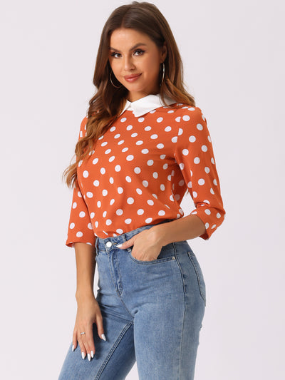 Polka Dots Contrast Peter Pan Collar Top 3/4 Sleeve Blouse Shirt