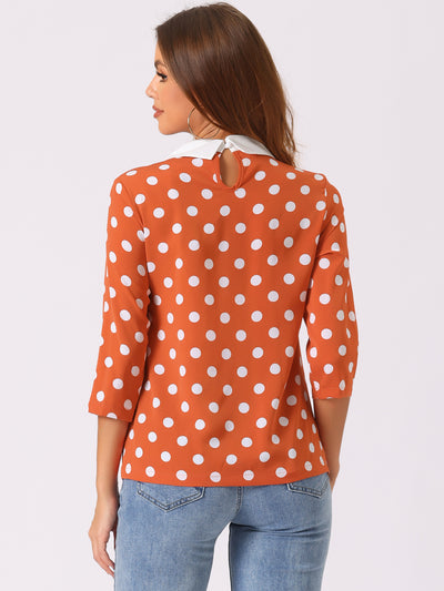 Polka Dots Contrast Peter Pan Collar Top 3/4 Sleeve Blouse Shirt