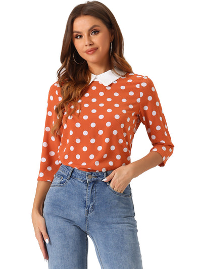 Polka Dots Contrast Peter Pan Collar Top 3/4 Sleeve Blouse Shirt