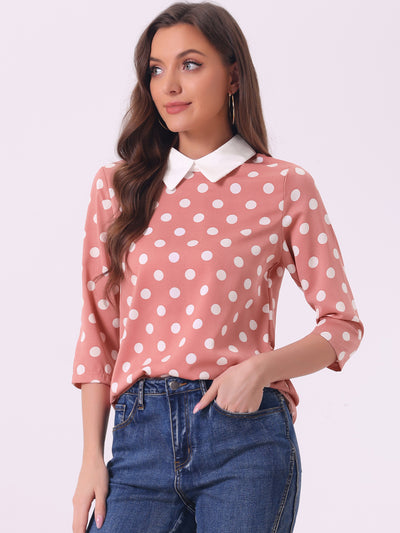 Polka Dots Contrast Peter Pan Collar Top 3/4 Sleeve Blouse Shirt