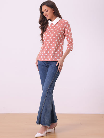 Polka Dots Contrast Peter Pan Collar Top 3/4 Sleeve Blouse Shirt