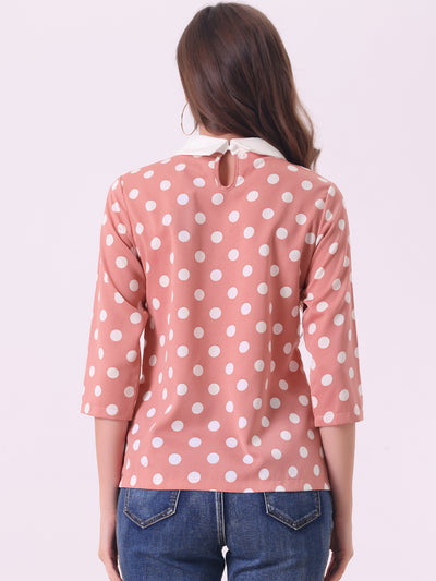 Polka Dots Contrast Peter Pan Collar Top 3/4 Sleeve Blouse Shirt