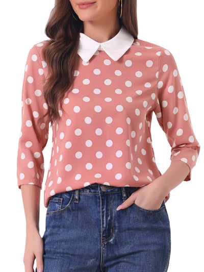 Polka Dots Contrast Peter Pan Collar Top 3/4 Sleeve Blouse Shirt