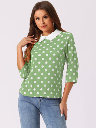 Polka Dots Contrast Peter Pan Collar Top 3/4 Sleeve Blouse Shirt