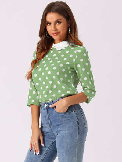 Polka Dots Contrast Peter Pan Collar Top 3/4 Sleeve Blouse Shirt