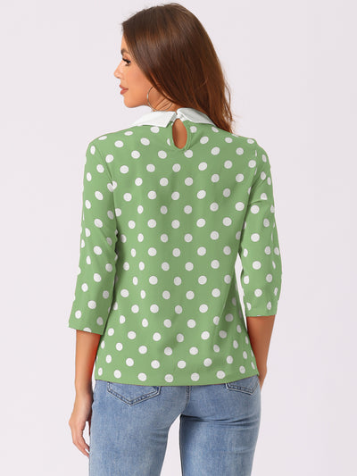 Polka Dots Contrast Peter Pan Collar Top 3/4 Sleeve Blouse Shirt