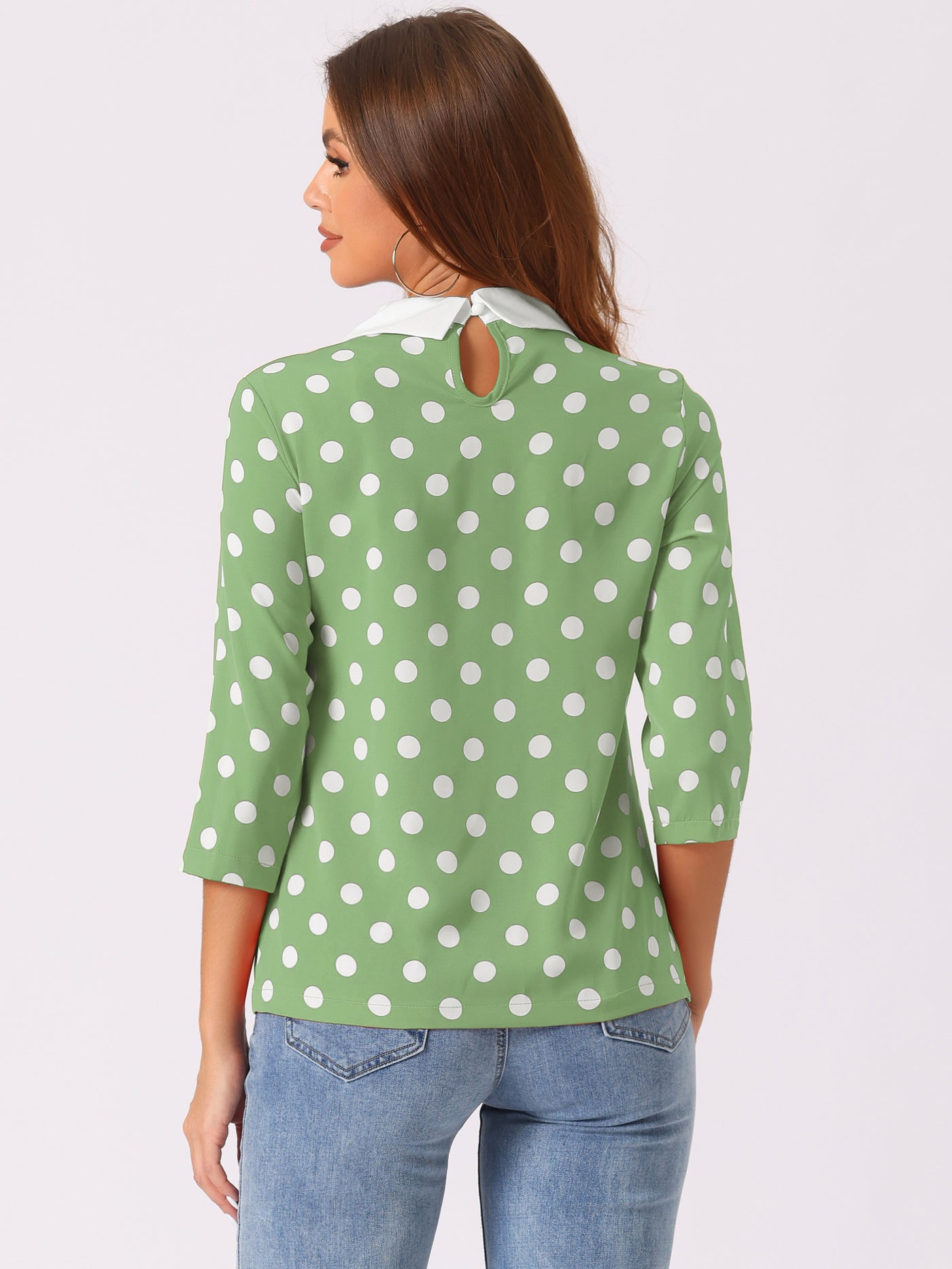 Allegra K Polka Dots Contrast Peter Pan Collar Top 3/4 Sleeve Blouse Shirt