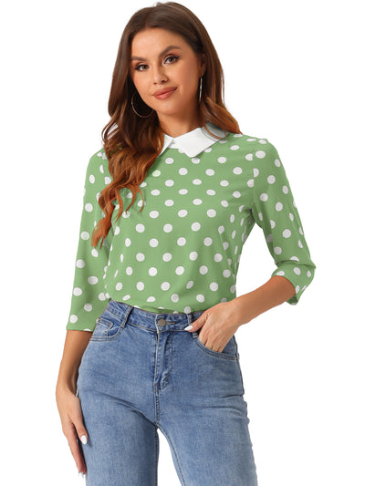 Polka Dots Contrast Peter Pan Collar Top 3/4 Sleeve Blouse Shirt