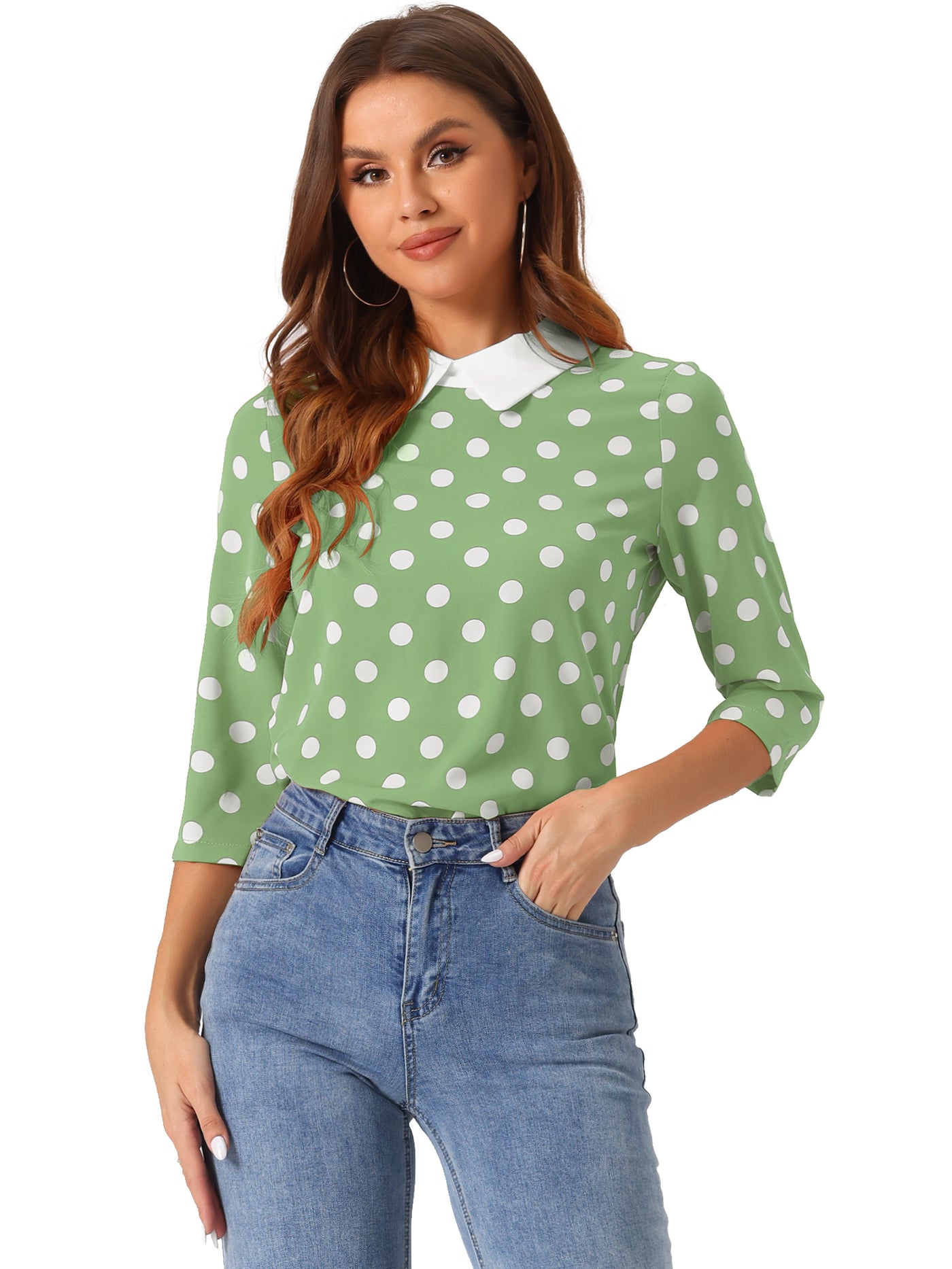 Allegra K Polka Dots Contrast Peter Pan Collar Top 3/4 Sleeve Blouse Shirt