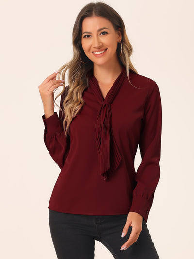 Long Sleeve Blouse Chiffon Pleated Tie Neck Office Top Shirt