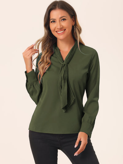 Long Sleeve Blouse Chiffon Pleated Tie Neck Office Top Shirt