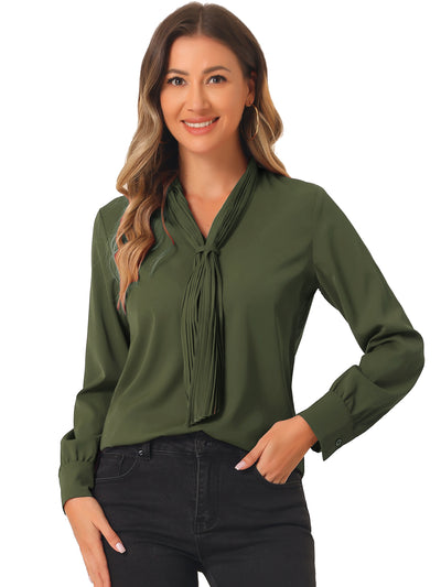 Long Sleeve Blouse Chiffon Pleated Tie Neck Office Top Shirt