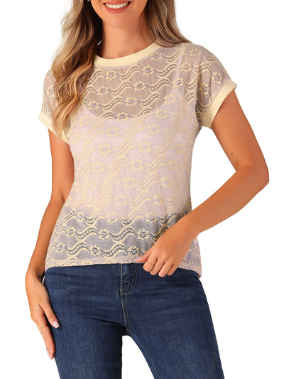 Lace Floral Curved Hem Short Sleeve See Through Blouse