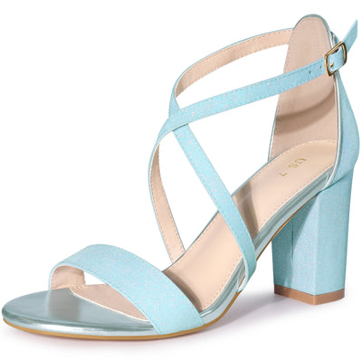 Glitter Crisscross Strap Block Heel Sandals