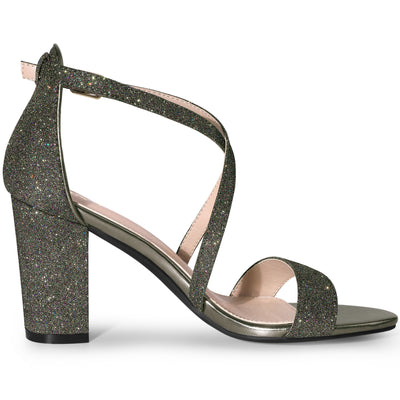 Glitter Crisscross Strap Block Heel Sandals