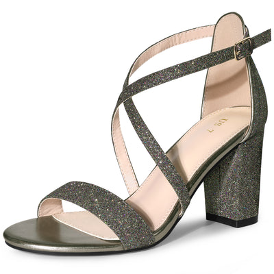 Glitter Crisscross Strap Block Heel Sandals