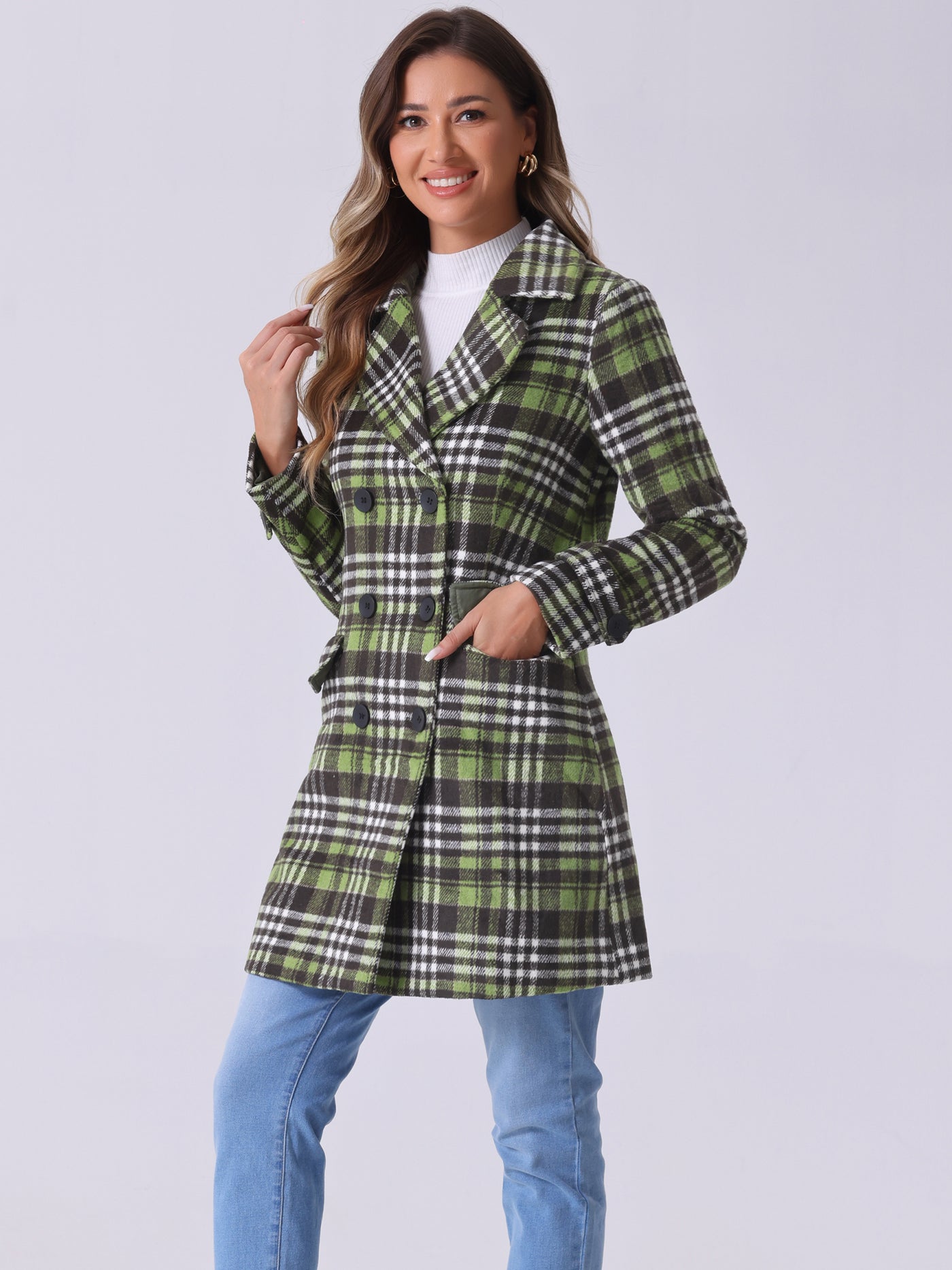 Allegra K Buffalo Checks Double Breasted Notched Lapel Plaid Trench Pea Coat